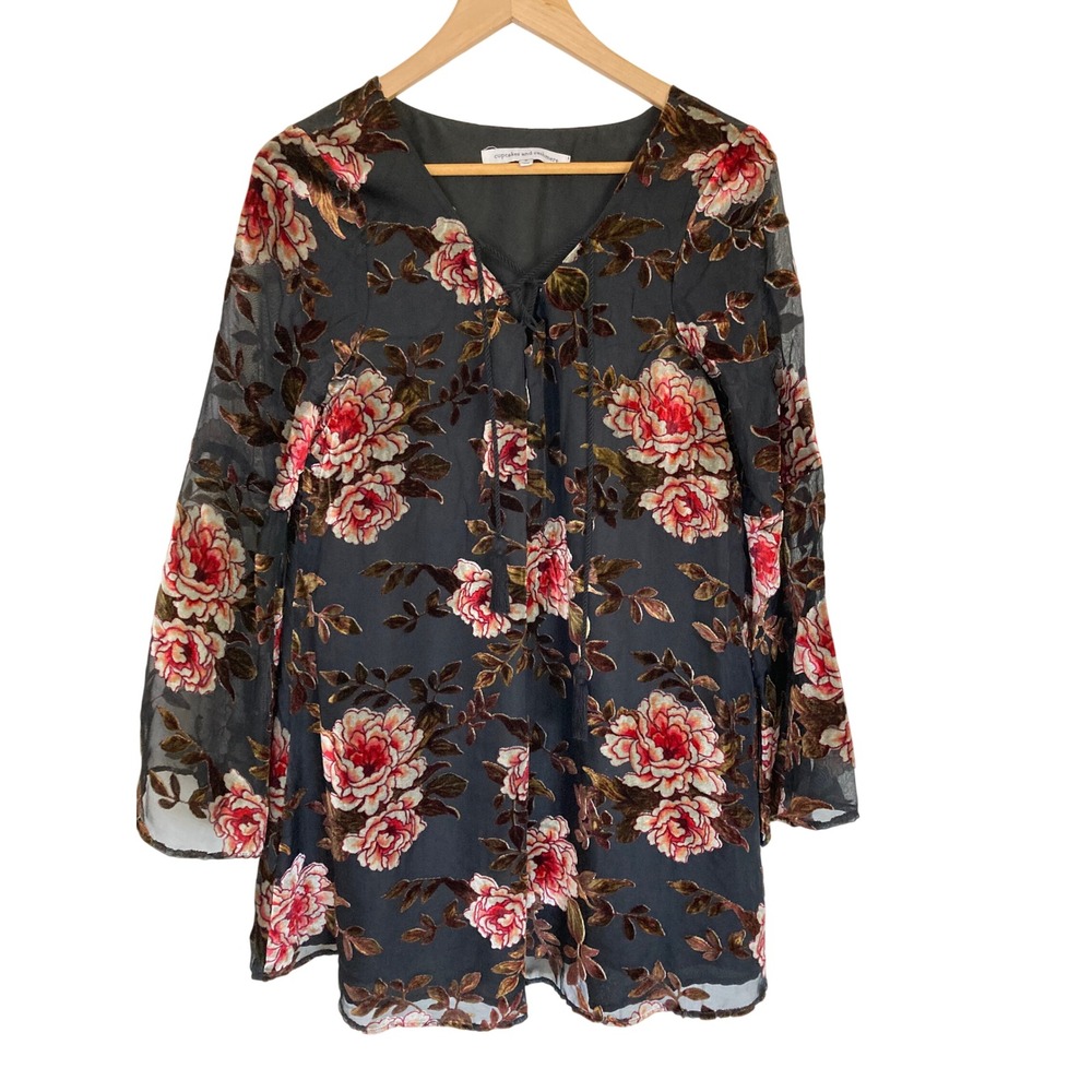 Cupcakes and Cashmere Floral Velvet Burnout Lace Up Bell Sleeve Tunic Top Small